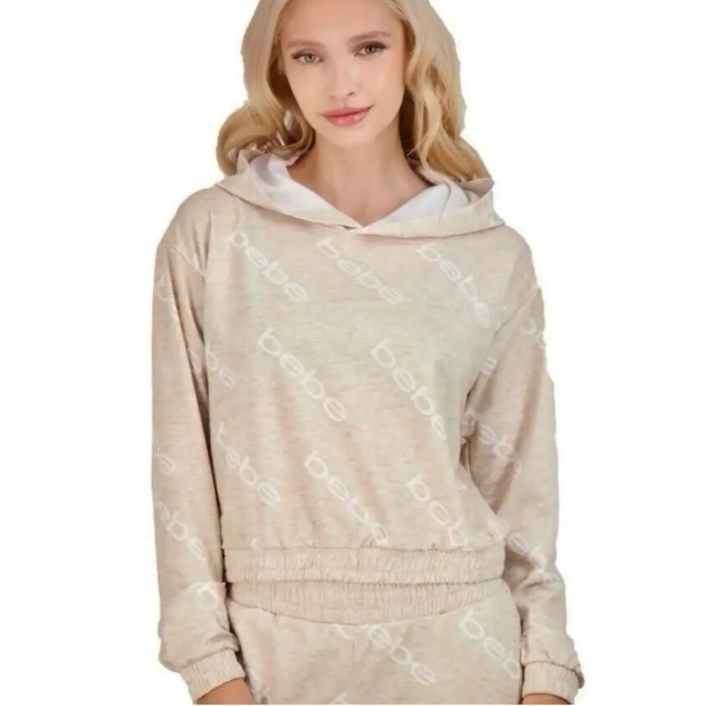 BEBE MSRP $70 Logo Printed Cropped Pullover Hoodie in Beige/White